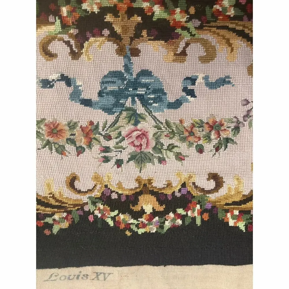 Vintage Handmade Needlepoint Embroidered Bench Top Wool Brown Pink Florals Blue